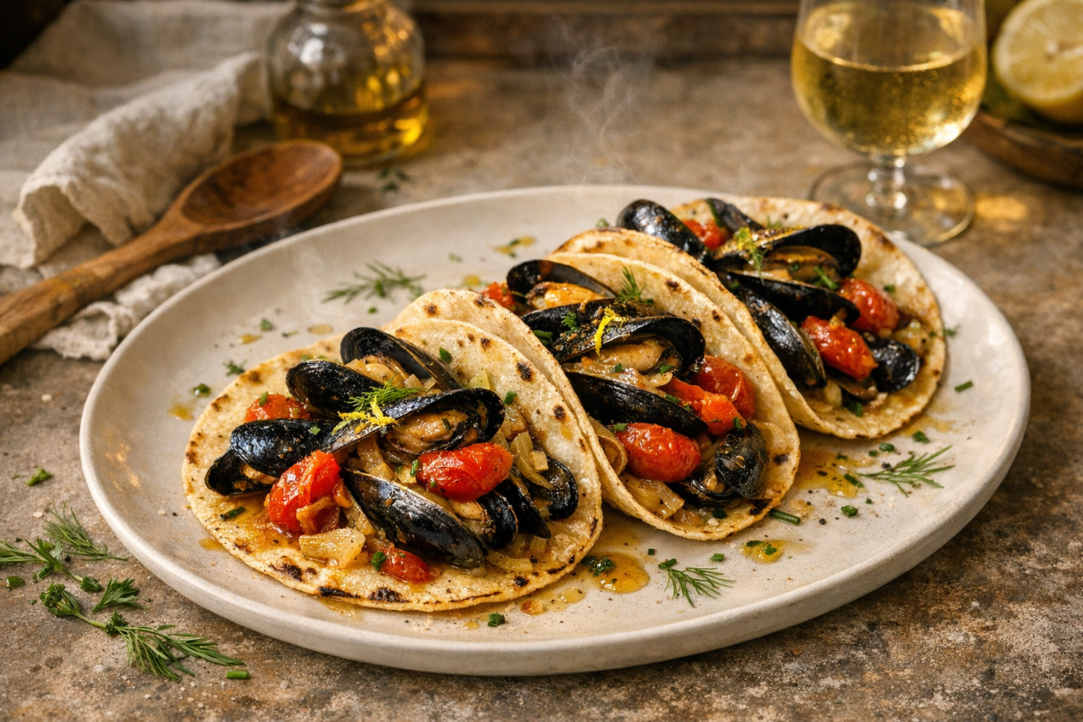 Glossy black mussels with burst red tomatoes and caramelized fennel spill onto warm tortillas on a matte white platter, flecked with lemon zest, chives, and fennel fronds, glistening with golden pan juices.