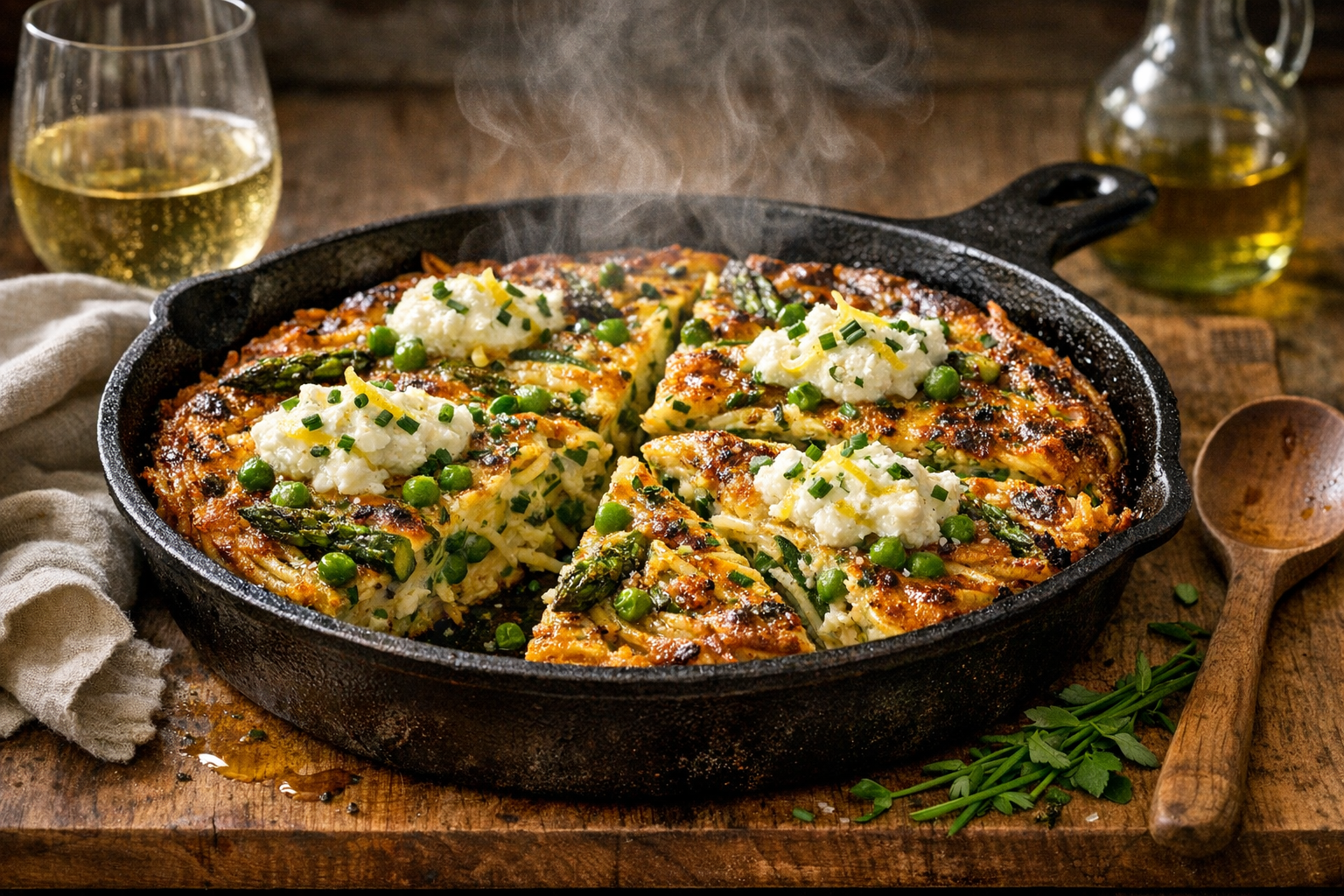 A bronzed, puffed spaghetti frittata studded with emerald asparagus and peas, flecked with chives and lemon zest, sliced in a black cast-iron skillet and glistening with a light olive oil sheen.