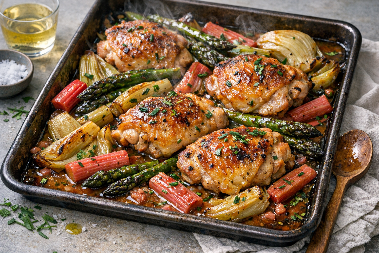 Crisp-skinned chicken thighs nestled among charred asparagus, blush rhubarb and bronzed leeks on a dark sheet pan, glossed with lemony pan juices and flecked with tarragon and chives.
