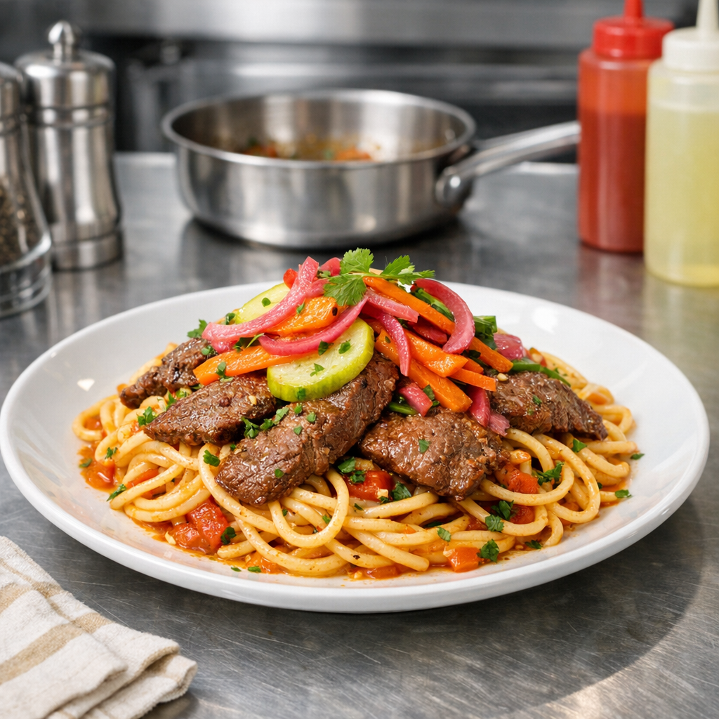 A colorful plate featuring al dente pasta topped with tender beef slices and bright, tangy pickled vegetables, garnished with fresh herbs.