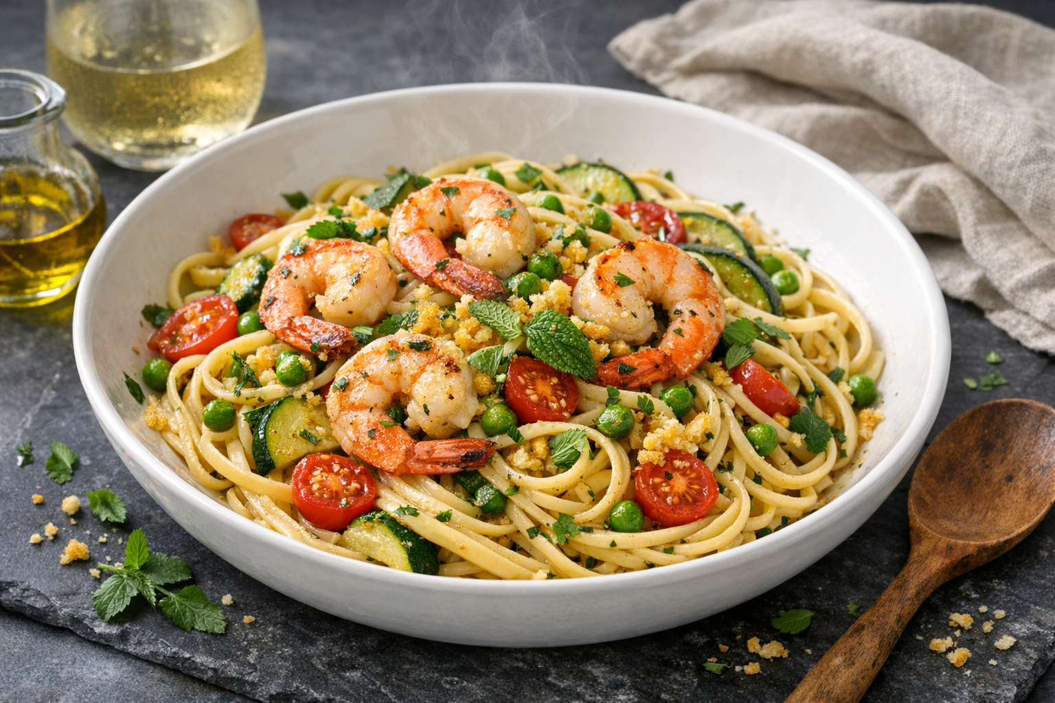 Pan-seared pink shrimp over glossy linguine with green peas and zucchini, scattered with golden lemon crumbs and red tomato jewels, finished with mint and parsley in a wide white bowl.