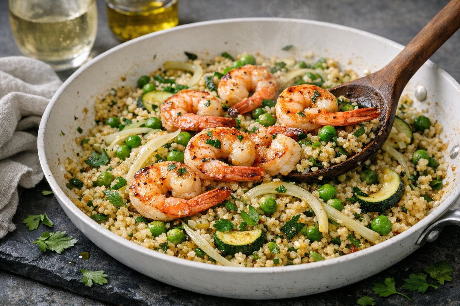 Blush-pink seared shrimp crown a bed of golden, fluffy quinoa with bright peas, fennel ribbons, and zucchini, glossed with butter and lemon, scattered with parsley-mint on a wide white skillet.