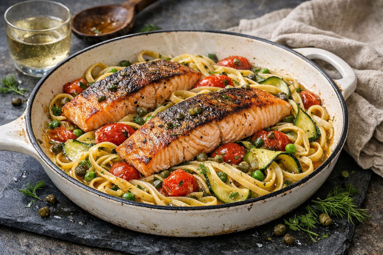 Crisp-skinned salmon over glossy linguine with burst tomatoes, peas and zucchini ribbons, capers and dill scattered, lemon-butter sheen in a wide white enamel skillet.