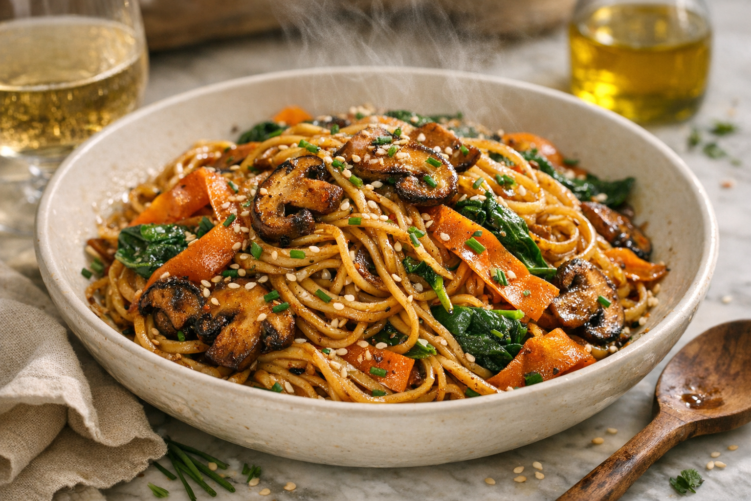 Glossy soy-lacquered noodles tangle with bronzed mushrooms, bright carrot ribbons, and emerald spinach, showered with sesame and chives, piled high in a wide, warm white bowl.
