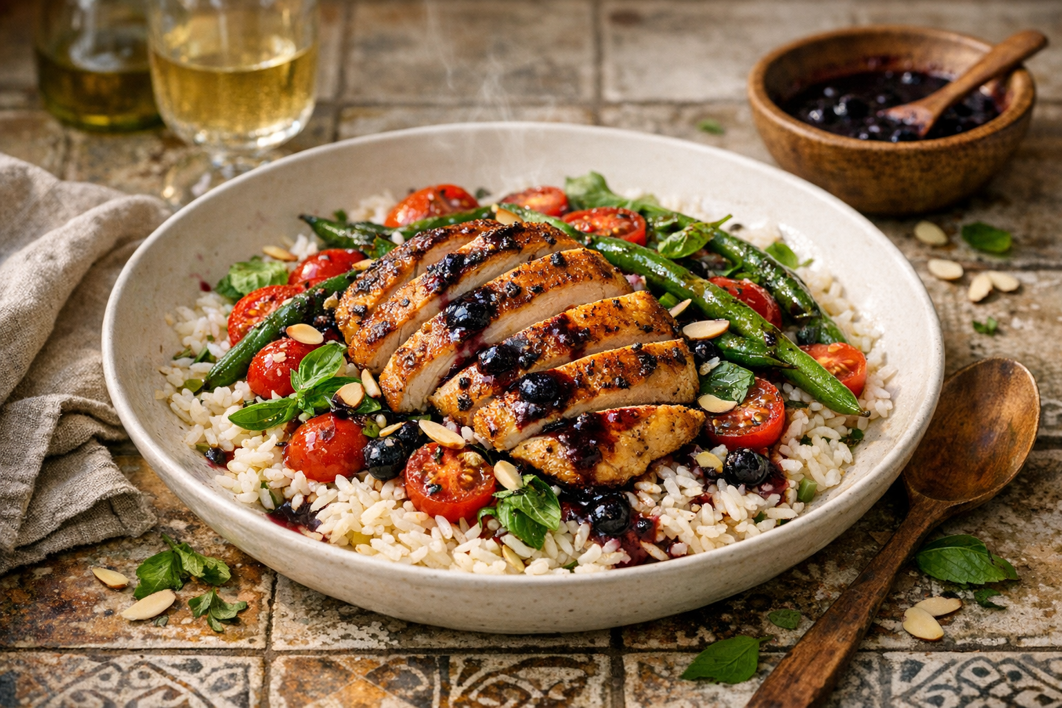Golden, juicy chicken slices atop warm white rice with ruby cherry tomatoes, emerald blistered beans, and inky blueberry vinaigrette, finished with toasted almonds and torn herbs on a wide white shallow bowl.