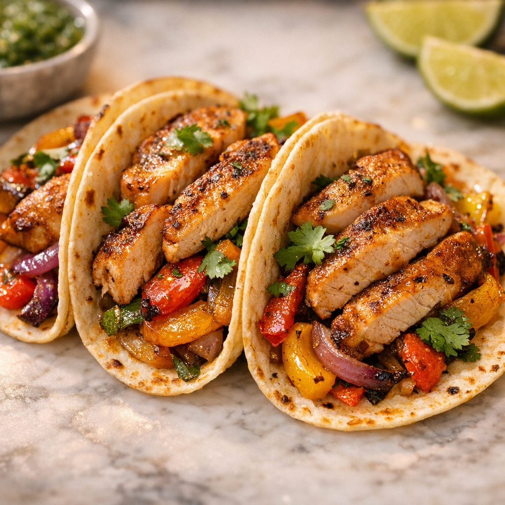 Golden-brown chicken slices atop warm tortillas, surrounded by colorful roasted bell peppers and onions, garnished with fresh cilantro.
