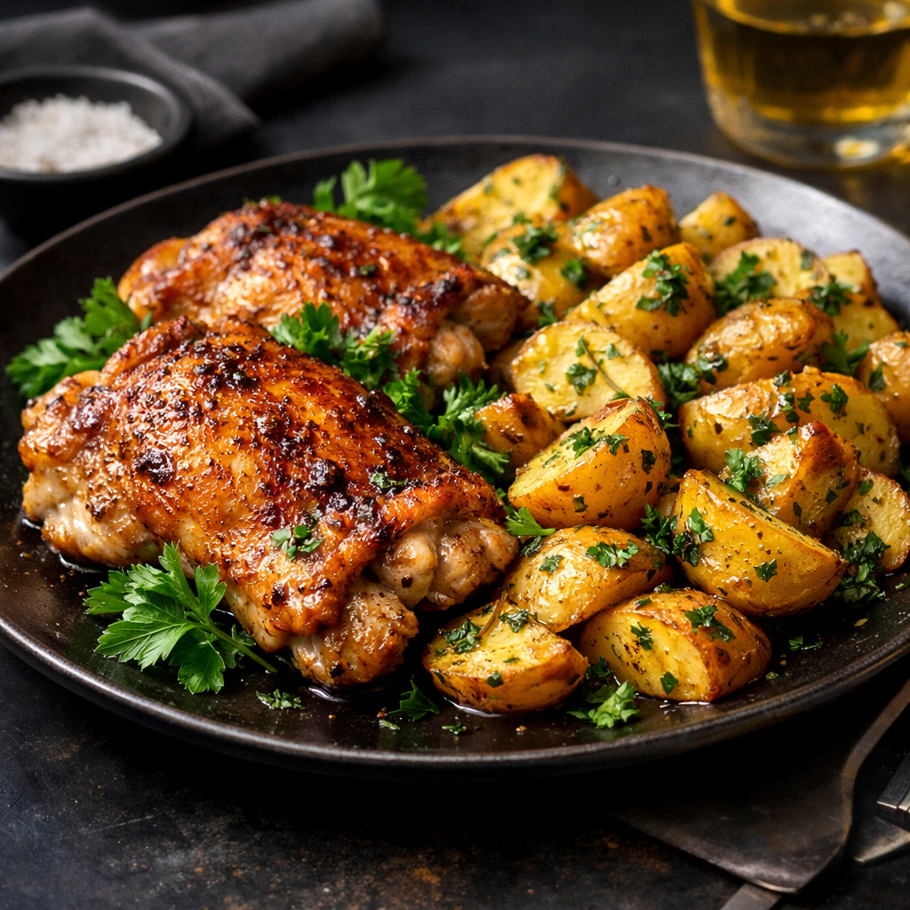 Golden-brown chicken thighs nestled next to vibrant green herbs and crispy, golden potatoes, garnished with fresh parsley for a burst of color.