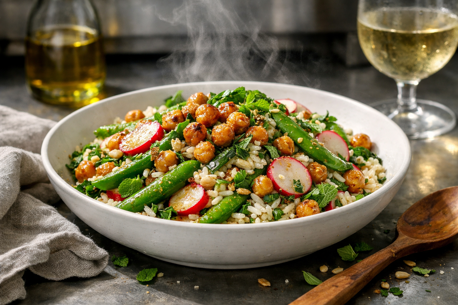A wide white bowl piled with fluffy rice, emerald snap peas, ruby radish coins, and crisp golden chickpeas, glistening with lemon vinaigrette and finished with mint, parsley, and toasted sunflower seeds.