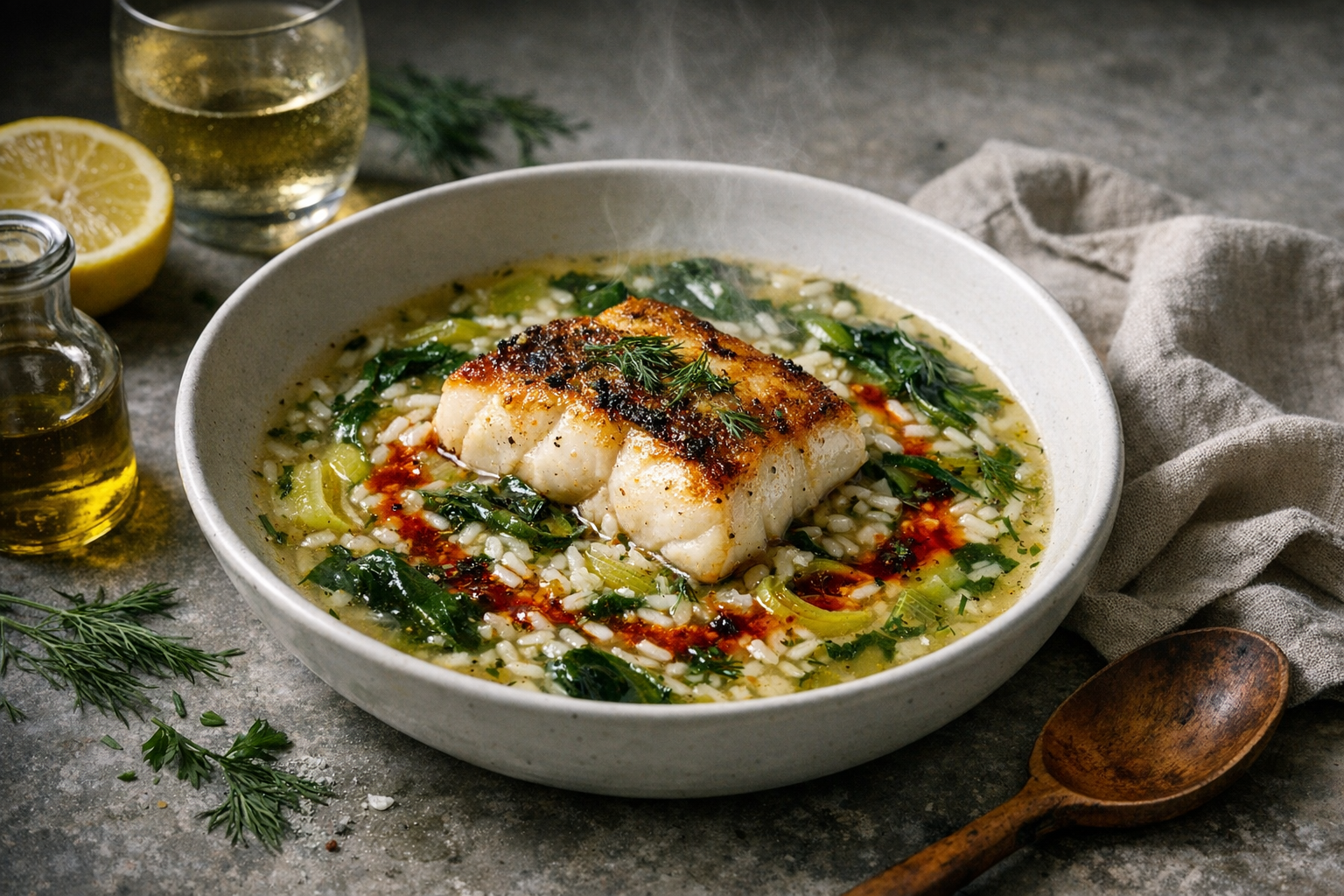 Pearl-white cod with golden edges atop a lemony leek-and-rice broth, flecked with bright dill and spinach, finished with a crimson chili oil swirl in a deep white bowl.