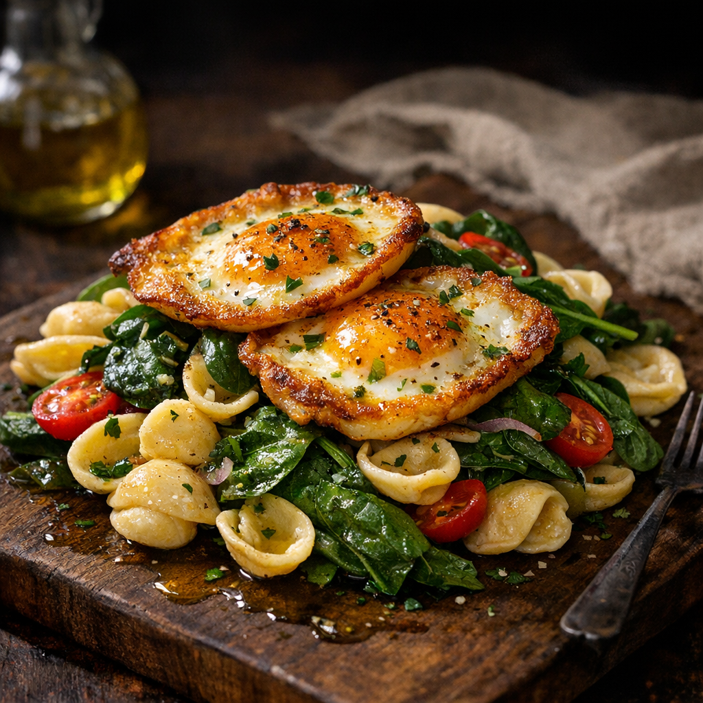 A vibrant salad featuring golden-brown pan-seared eggs atop a bed of green spinach and pasta, garnished with fresh herbs and a drizzle of olive oil.