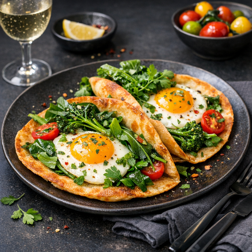 The dish presents golden-brown tortillas filled with sunny-side-up eggs, vibrant greens, and a sprinkle of fresh herbs, creating a colorful and inviting plate.