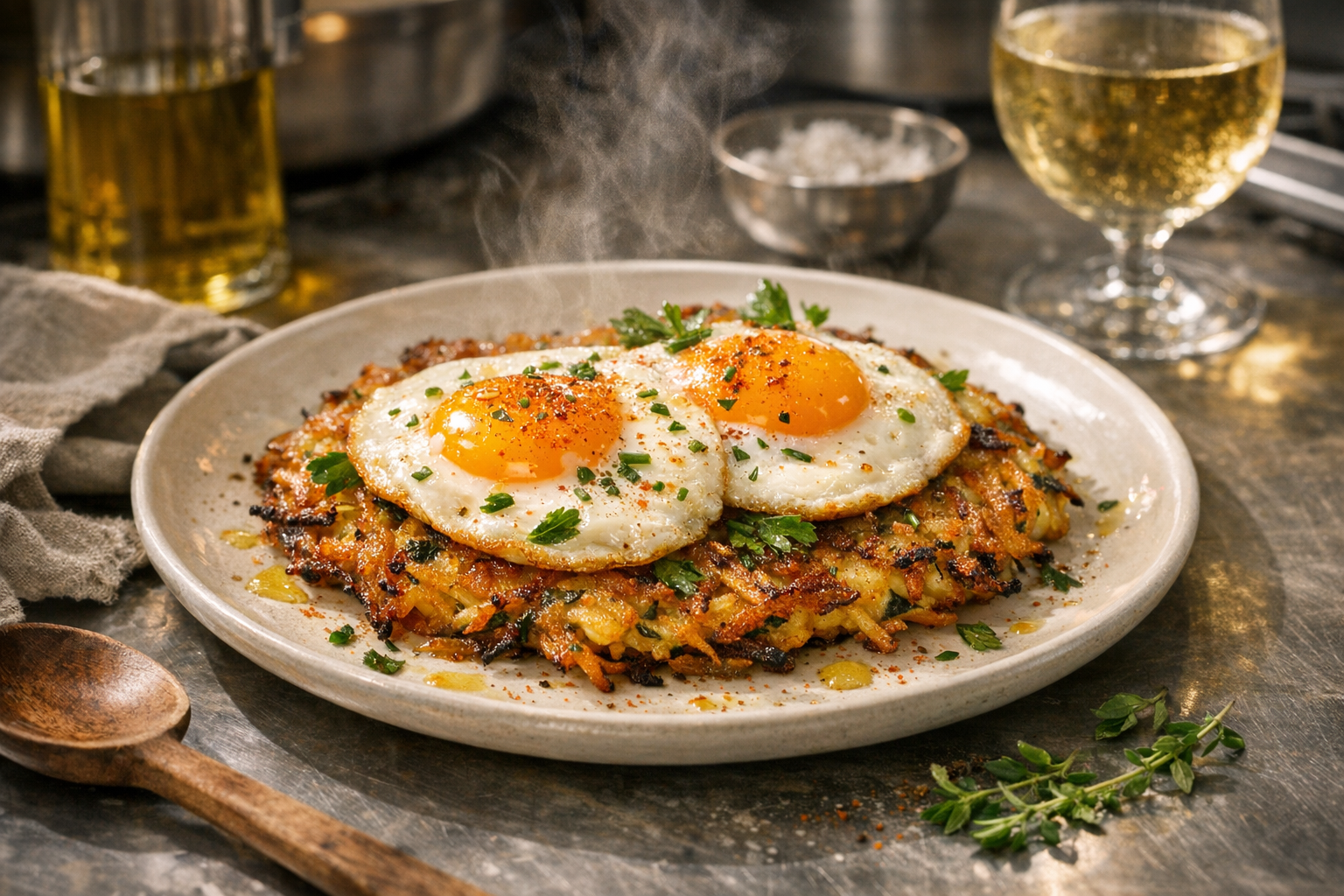 Golden-brown potato rosti topped with sunny-side-up eggs, garnished with fresh herbs and a sprinkle of paprika, creating a vibrant and inviting presentation.