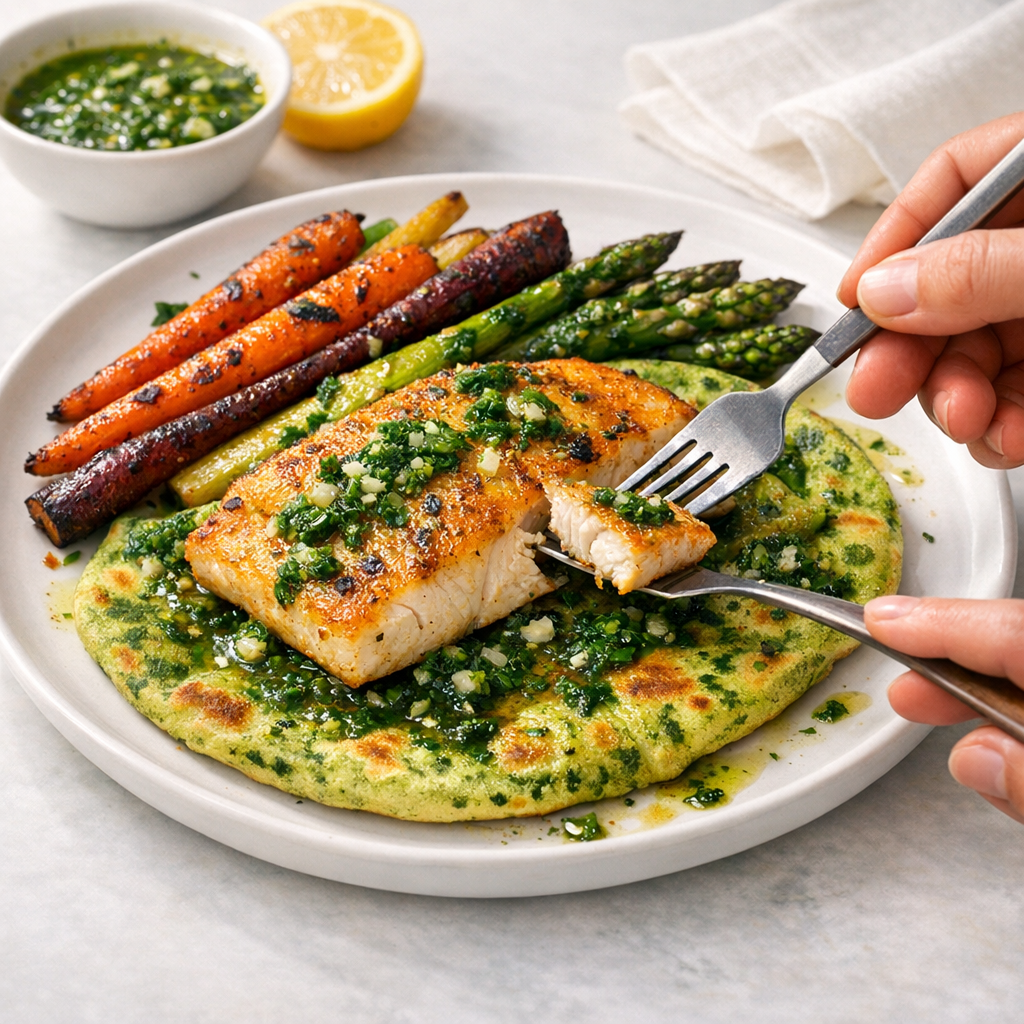A colorful plate featuring golden-brown fish on vibrant green flatbread, surrounded by roasted carrots and asparagus, drizzled with a fresh herb sauce.