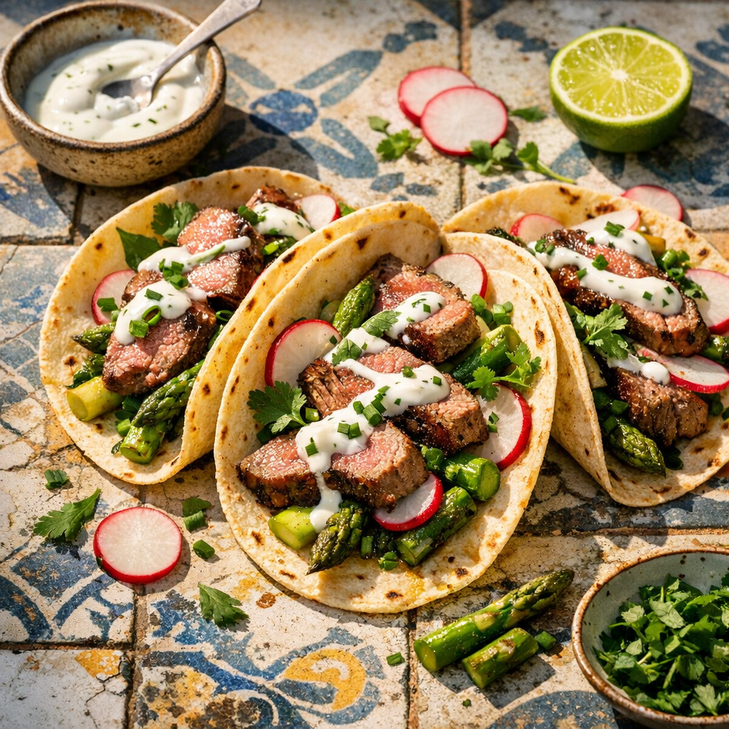 Warm tortillas filled with succulent lamb, vibrant green asparagus, radishes, and fresh herbs, garnished with a drizzle of yogurt sauce.