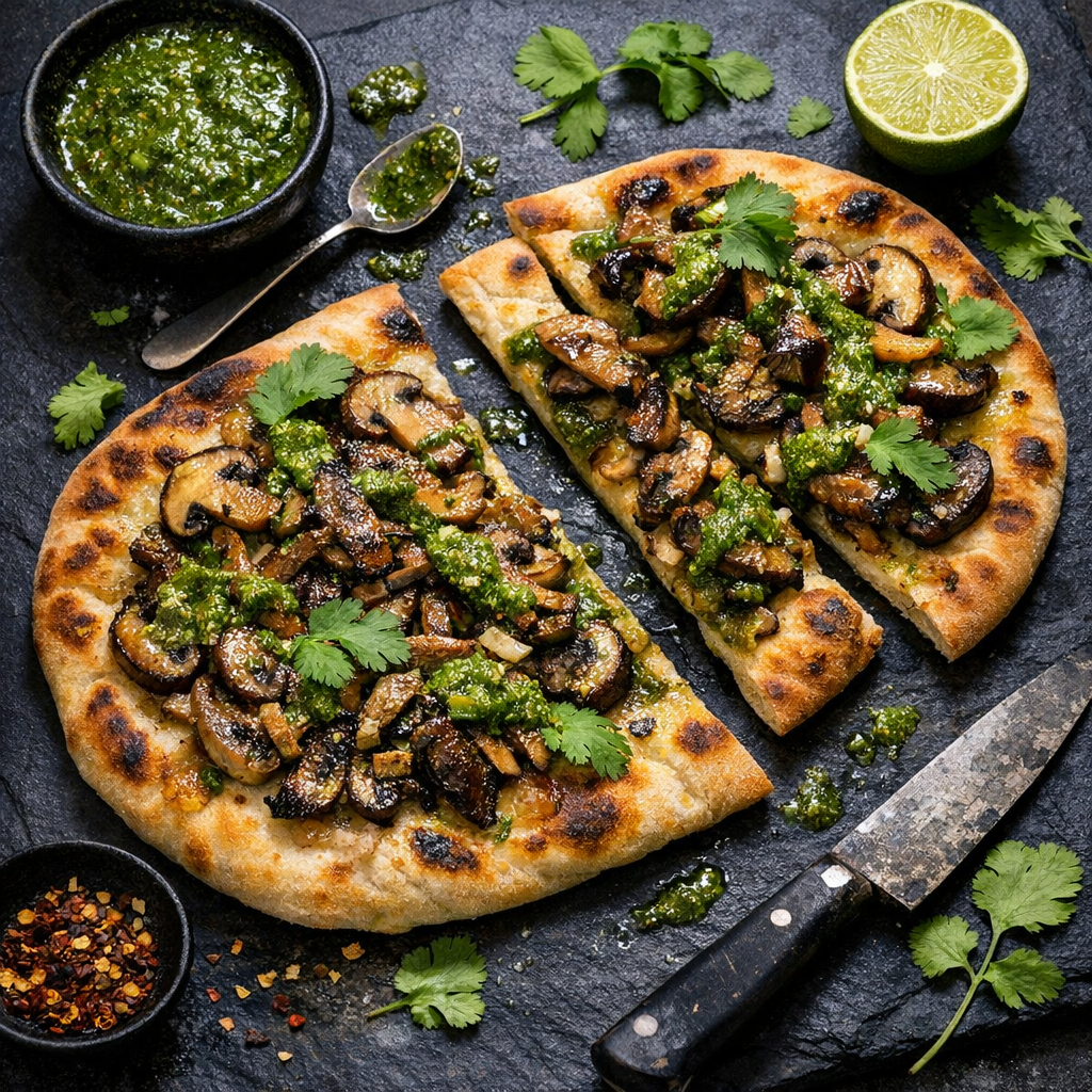 Golden-brown flatbread topped with sautéed mushrooms, drizzled with vibrant green cilantro sauce, garnished with fresh cilantro leaves.