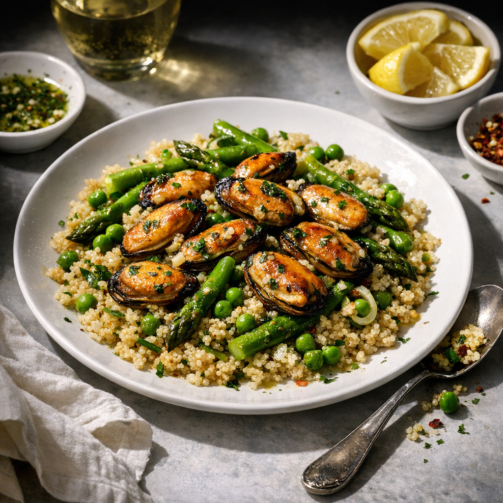 The dish showcases bright green asparagus and peas atop fluffy quinoa, with golden-brown mussels glistening in a light garlic sauce.