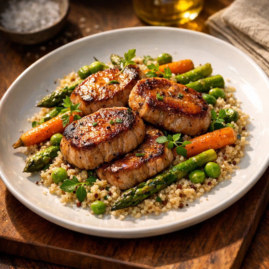 Juicy golden-brown pork medallions atop fluffy quinoa, adorned with bright green asparagus and vibrant carrots, garnished with fresh herbs.