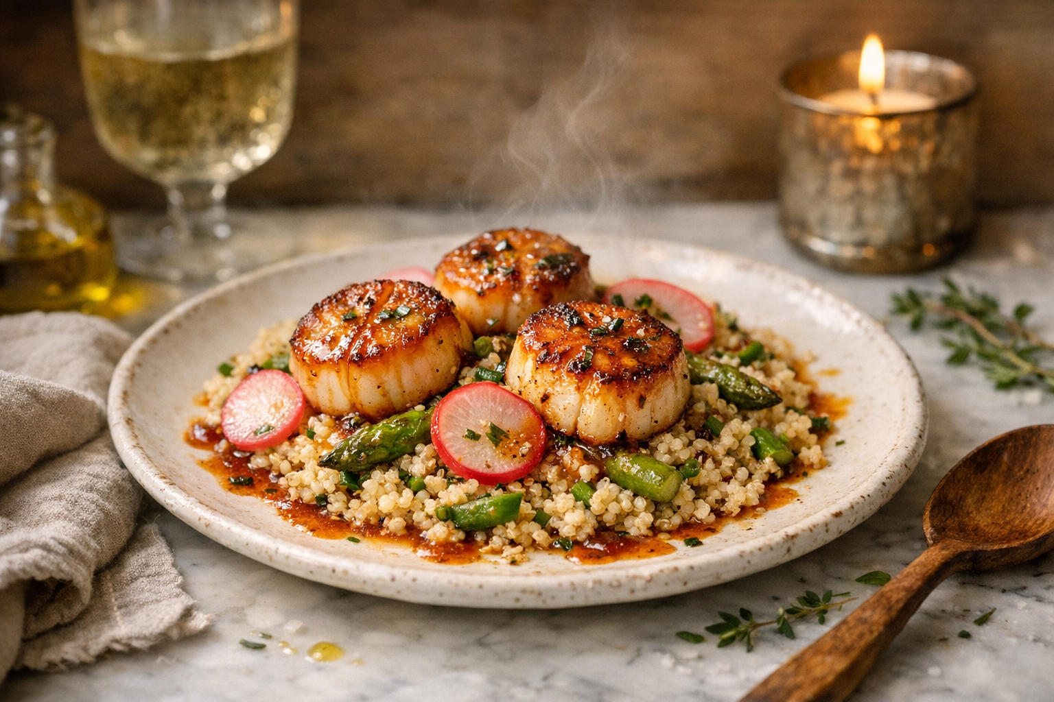 Bronzed scallops atop pale-gold quinoa flecked with green asparagus and chives, jeweled with pink radish slices and a glossy paprika-brown butter drizzle, on a warm white stoneware starter plate.