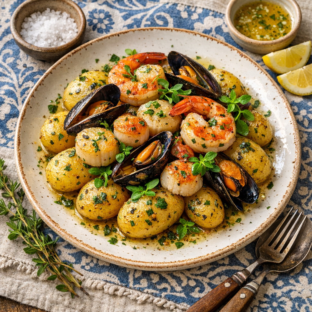 Golden potatoes topped with succulent shellfish, garnished with fresh herbs, presenting a vibrant and inviting color contrast.