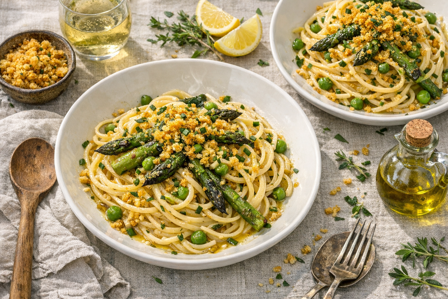 Glossy spaghetti twirled into nests with charred asparagus and peas, showered in golden mustard breadcrumbs and chives, a lemony sheen glinting on warm white wide-rim bowls.