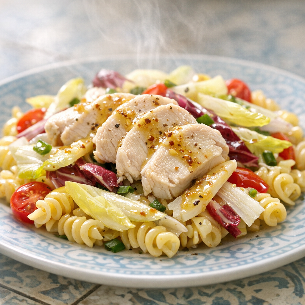 A colorful plate featuring tender poached chicken slices atop pasta, scattered with bright Belgian endive, all drizzled with a glossy mustard vinaigrette.