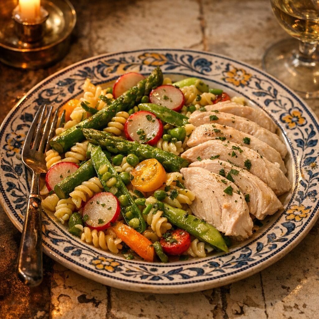 A colorful plate featuring tender poached chicken slices atop a bed of pasta, adorned with crisp spring vegetables and a sprinkle of fresh herbs.