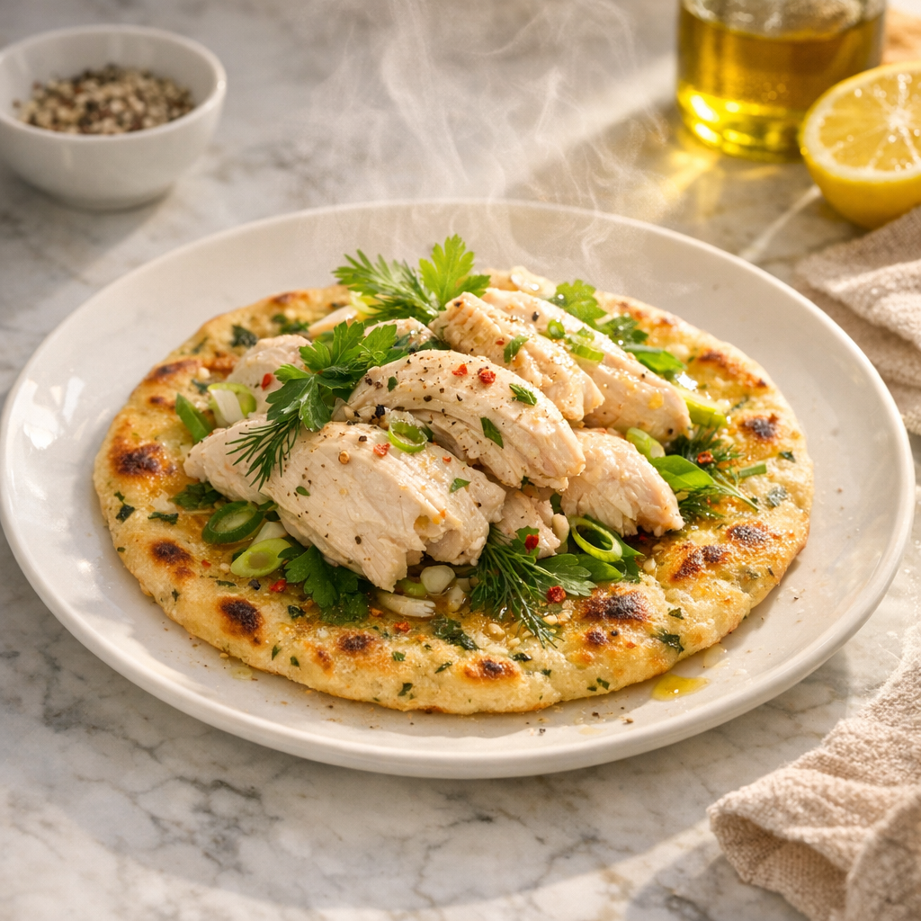 Plated with poached chicken atop golden-brown flatbread, garnished with vibrant herbs and a drizzle of olive oil, creating a colorful and inviting presentation.