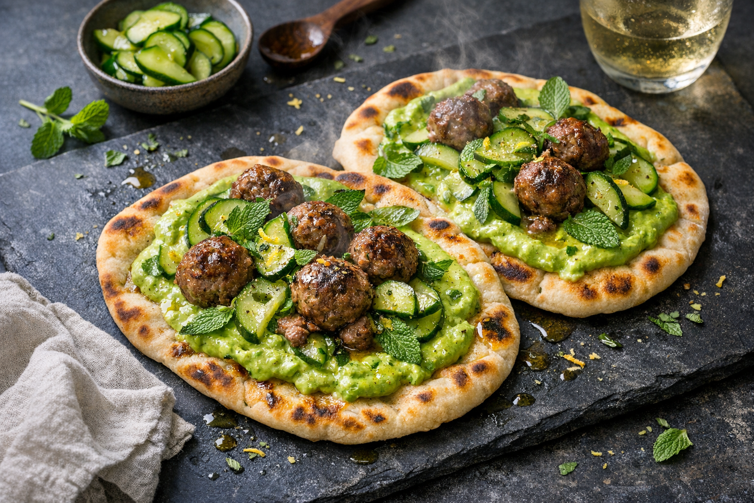 Warm flatbreads crowned with glossy pea-green yogurt, tender poached lamb meatballs, and crisp cucumber pickle, scattered with mint and lemon zest, glistening with olive oil on a matte charcoal platter.