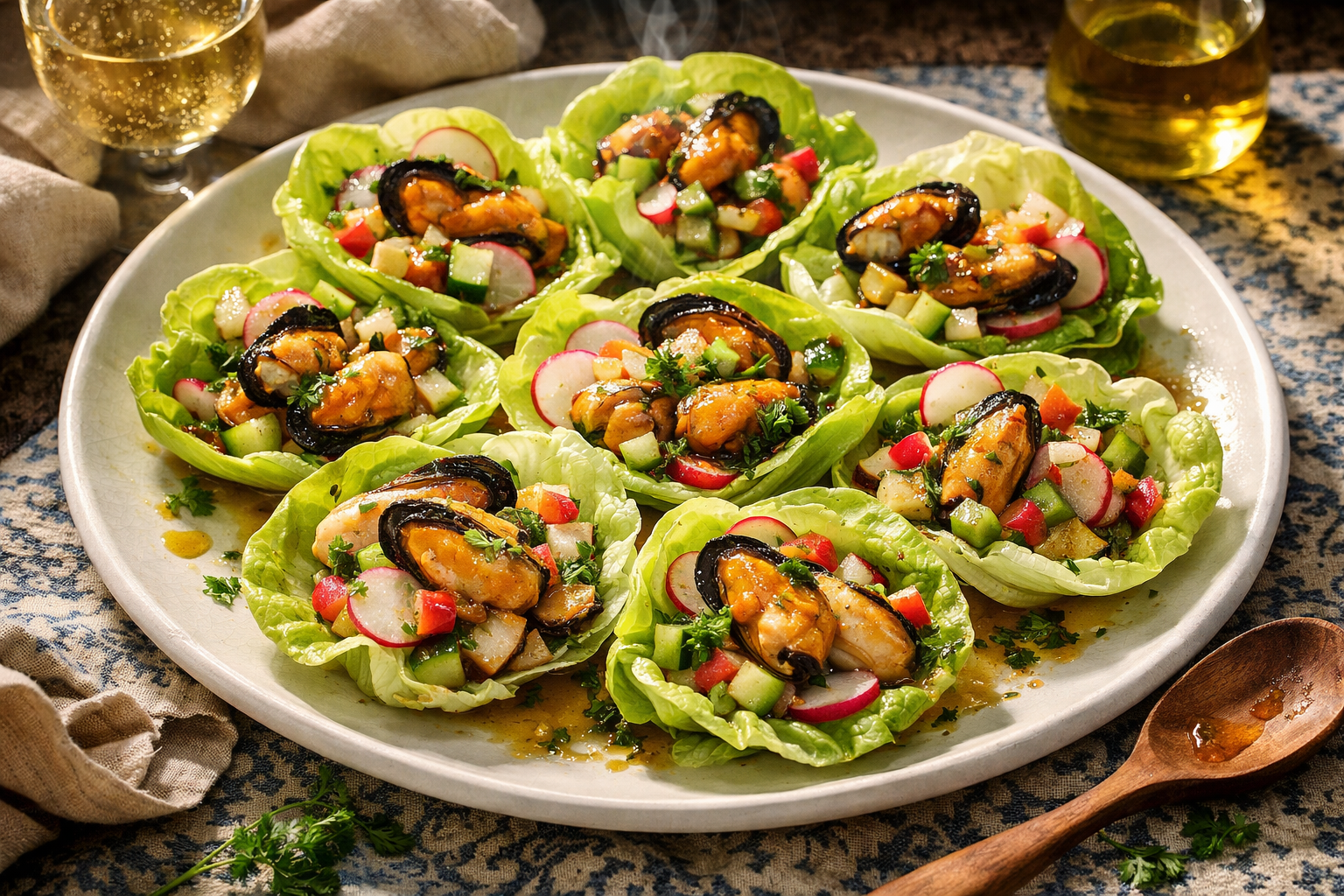 A wide white platter ringed with pale-green lettuce cups, jeweled with pink radish and cucumber, piled with glossy mussels and shucked meats, all glistening under a golden, spoonable sauce.