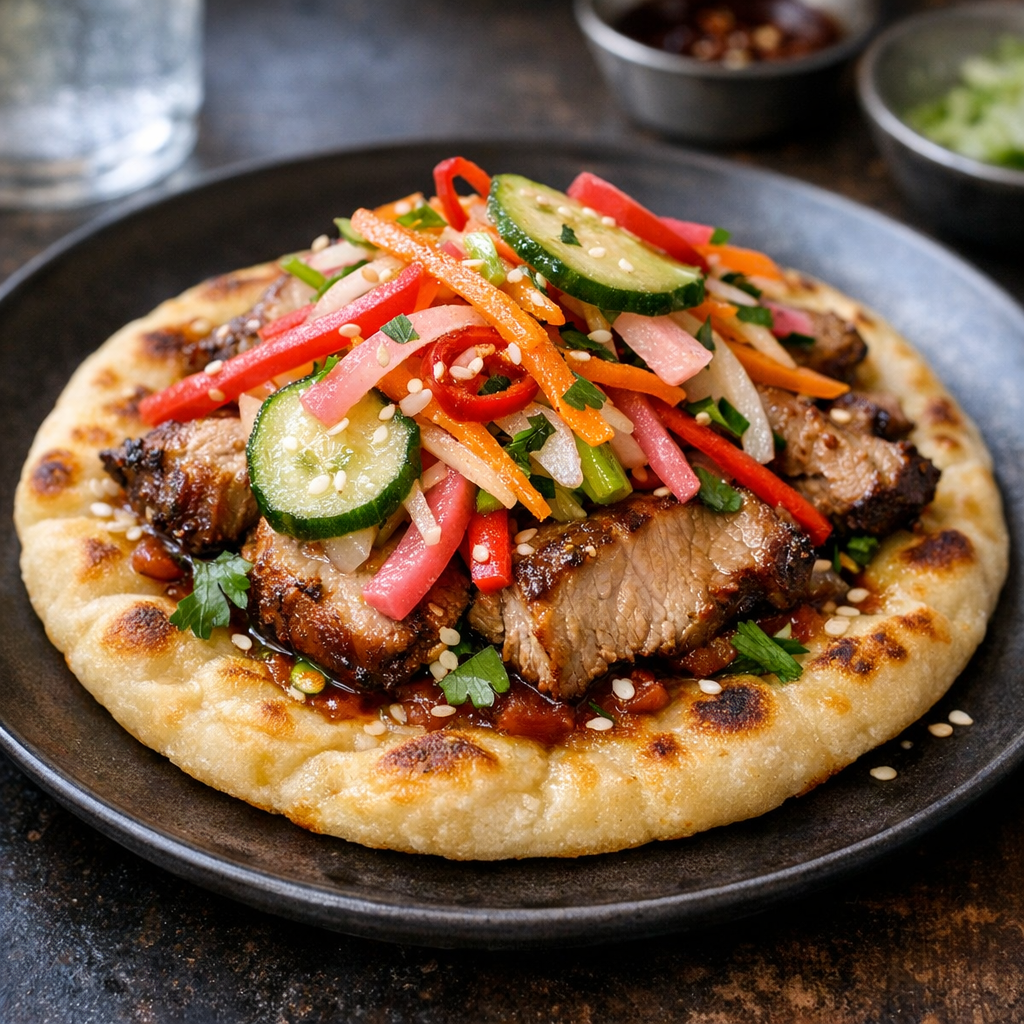 The dish features warm, golden flatbread topped with succulent pork slices and colorful, vibrant pickled vegetables, creating an inviting and fresh presentation.