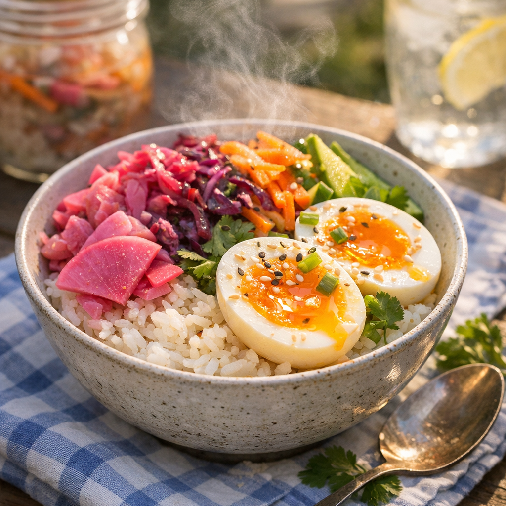 A colorful bowl showcasing fluffy rice, vibrant pickled vegetables, and perfectly soft-boiled eggs, garnished with fresh herbs.