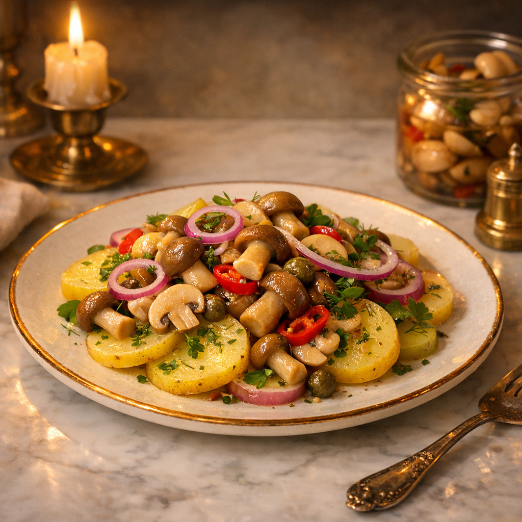 A colorful plate of sliced potatoes topped with glistening pickled mushrooms and vibrant herbs, creating a fresh and inviting presentation.