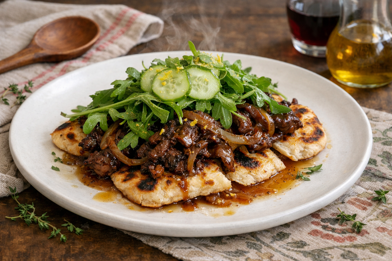 Mahogany-gloss beef and onions spill over char-blistered flatbreads, crowned with bright-green arugula and translucent cucumber, lemon zest glittering, on a wide matte-white plate with light gravy pooling.