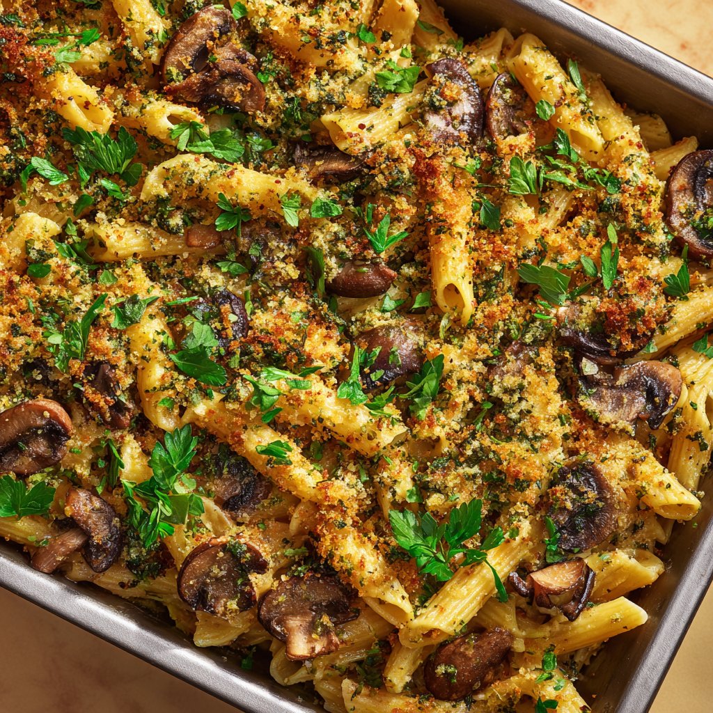 A golden-brown pasta bake, dotted with sautéed mushrooms and topped with a vibrant green herb crust, served in a rustic pan.