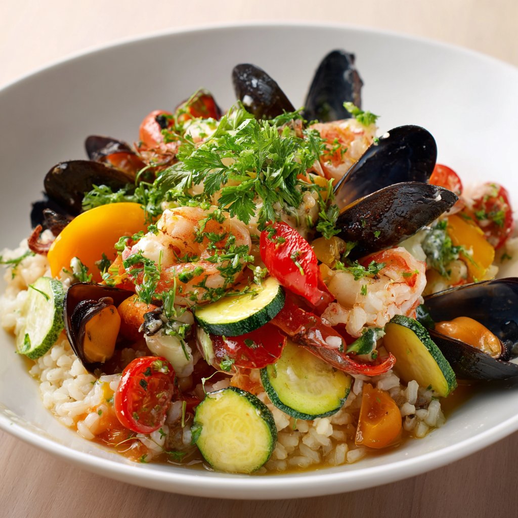 A colorful salad of fluffy rice topped with vibrant shellfish, crisp vegetables, and a sprinkle of fresh herbs, presented in a large bowl.