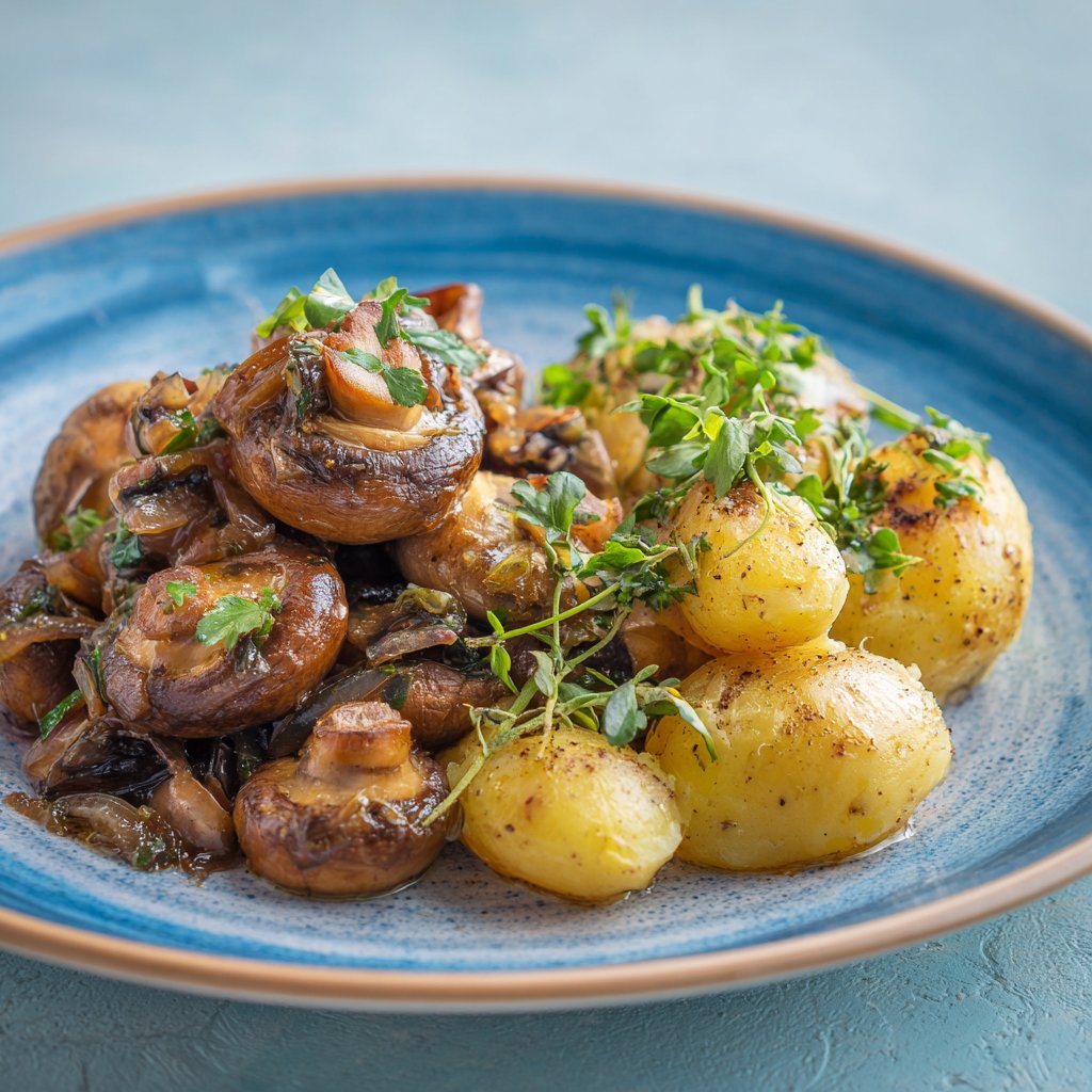 A vibrant plate showcasing golden-brown braised mushrooms atop a bed of creamy, herb-infused potatoes, garnished with fresh herbs.