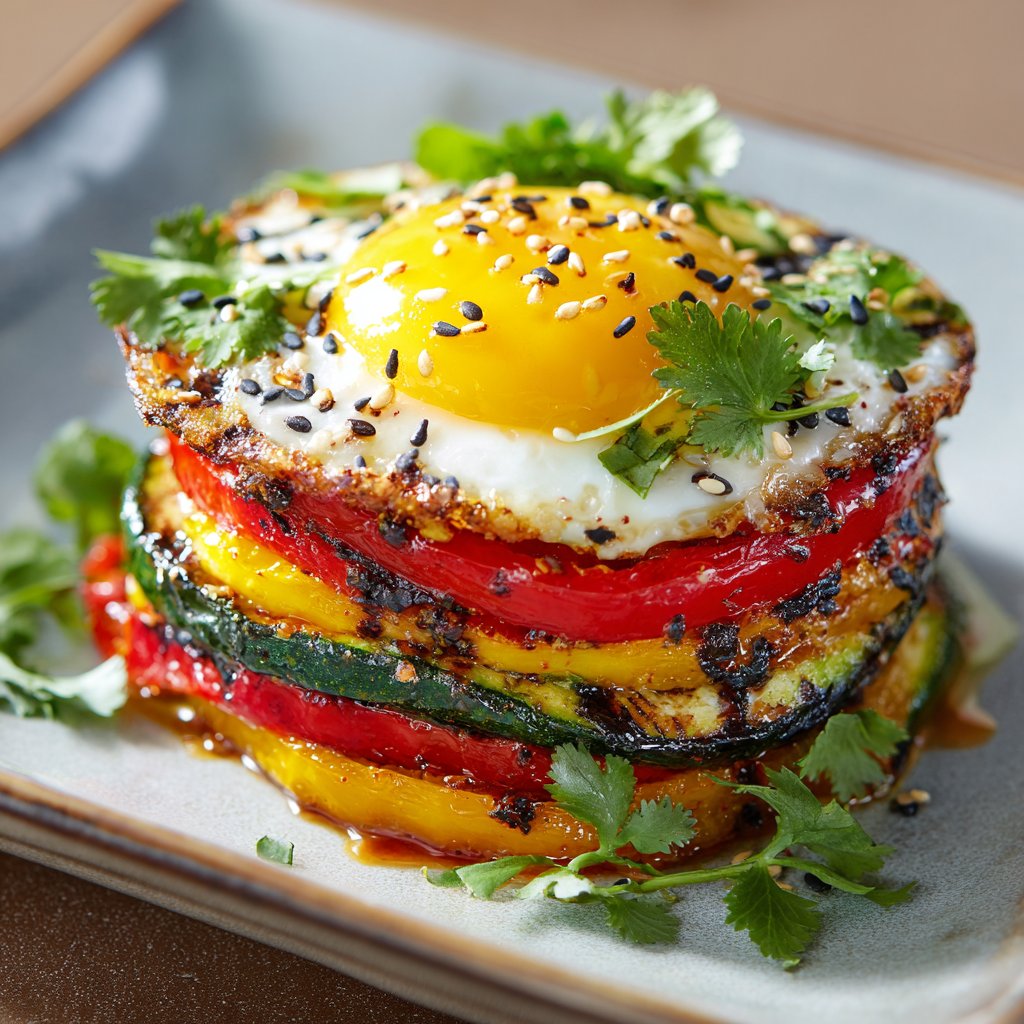 The dish features vibrant layers of golden eggs, charred green zucchini, red bell peppers, and a sprinkle of fresh herbs, creating a colorful and inviting presentation.