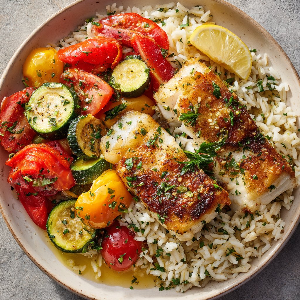 A vibrant plate showcasing golden roasted fish, fluffy herbed rice, and bright, roasted vegetables, all drizzled with a zesty lemon dressing.