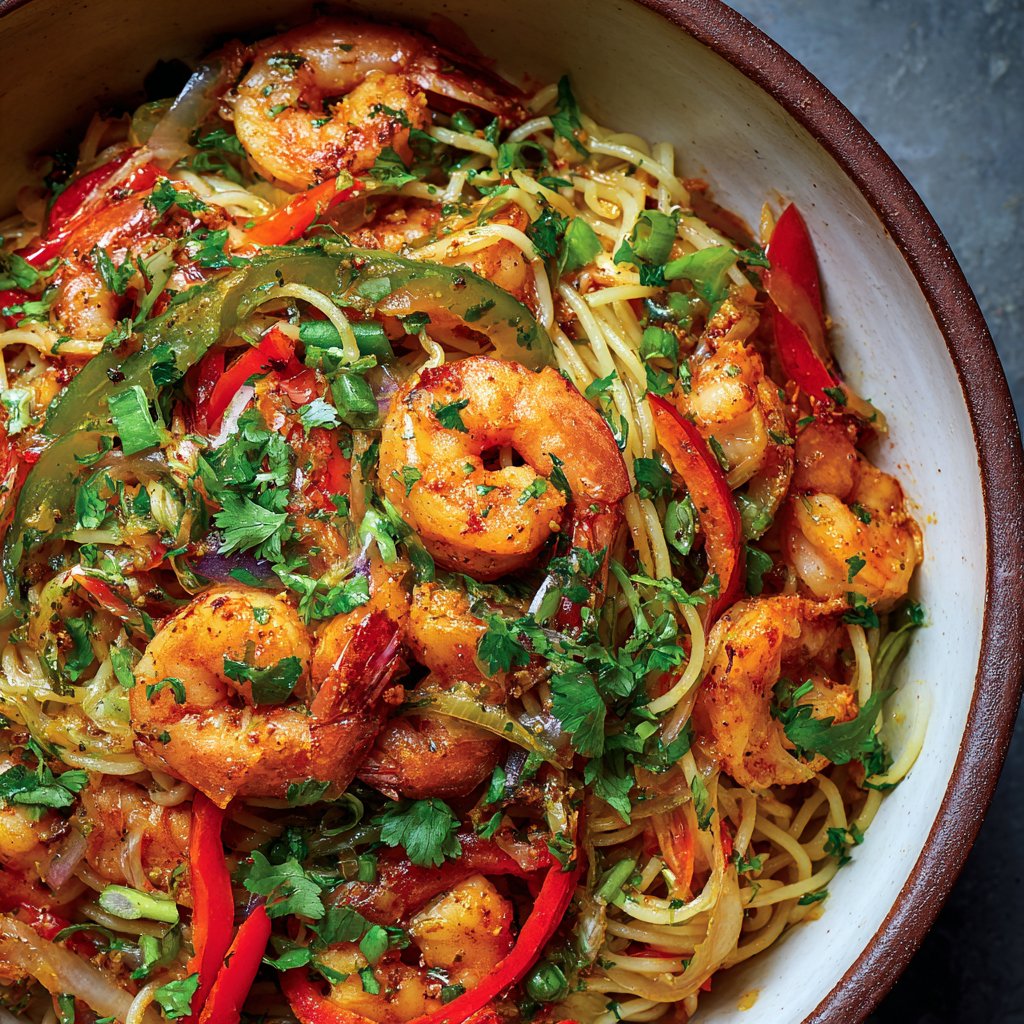 A vibrant bowl of mixed noodles topped with succulent shellfish, colorful bell peppers, and fresh herbs, all glistening with a spicy dressing.