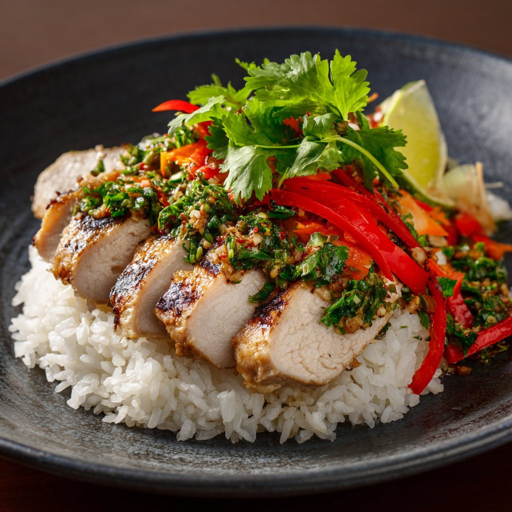 The dish showcases tender chicken slices atop fluffy rice, garnished with vibrant herbs and colorful vegetables, creating a fresh and inviting presentation.