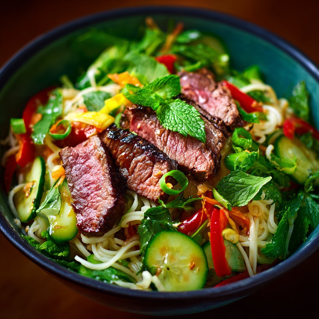 A colorful bowl filled with vibrant greens, tender slices of grilled beef, and glistening noodles, garnished with fresh herbs and a zesty dressing.