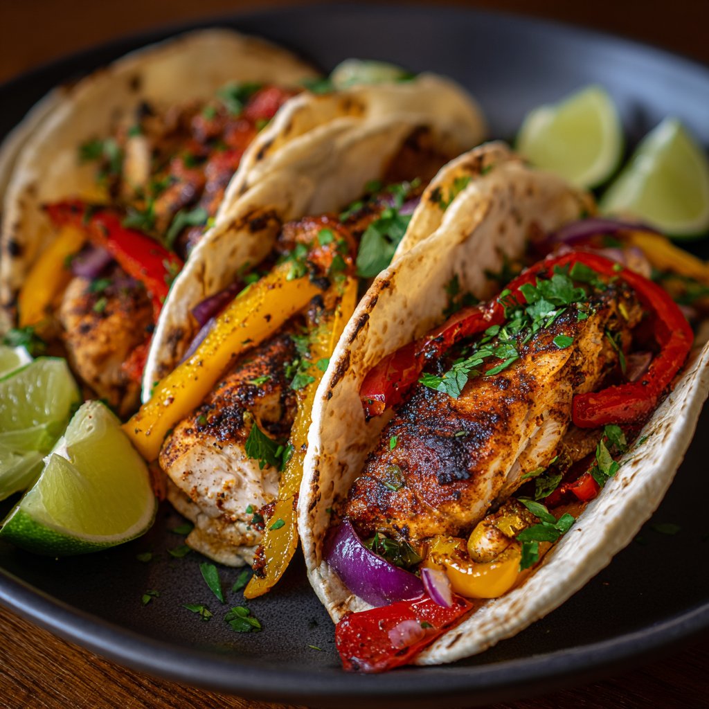 Plated tacos feature golden roasted chicken, colorful bell peppers, and fresh herbs, all nestled in warm, soft tortillas, garnished with lime wedges.