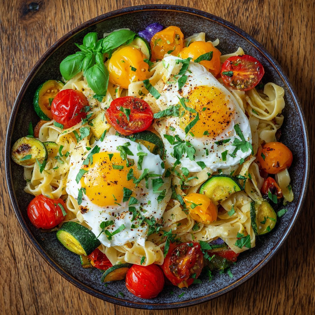 A vibrant plate featuring golden poached eggs atop a bed of colorful pasta, garnished with fresh herbs and roasted vegetables.