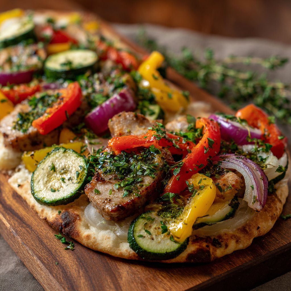 The dish features golden-brown roasted pork slices atop soft, warm flatbread, adorned with colorful roasted vegetables and fresh herbs.