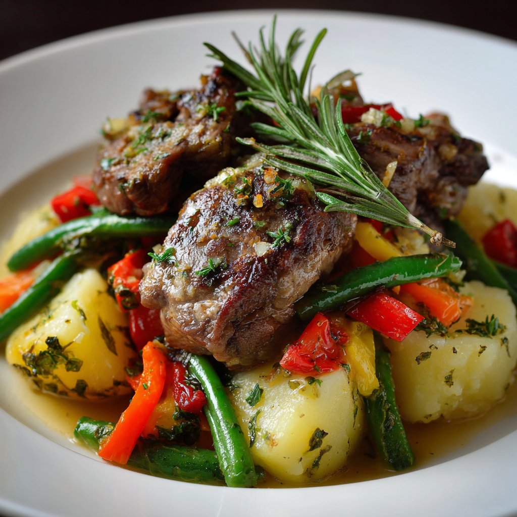 The dish showcases tender lamb slices atop fluffy herbed potatoes, garnished with bright green beans and colorful bell peppers, creating a vibrant and inviting presentation.