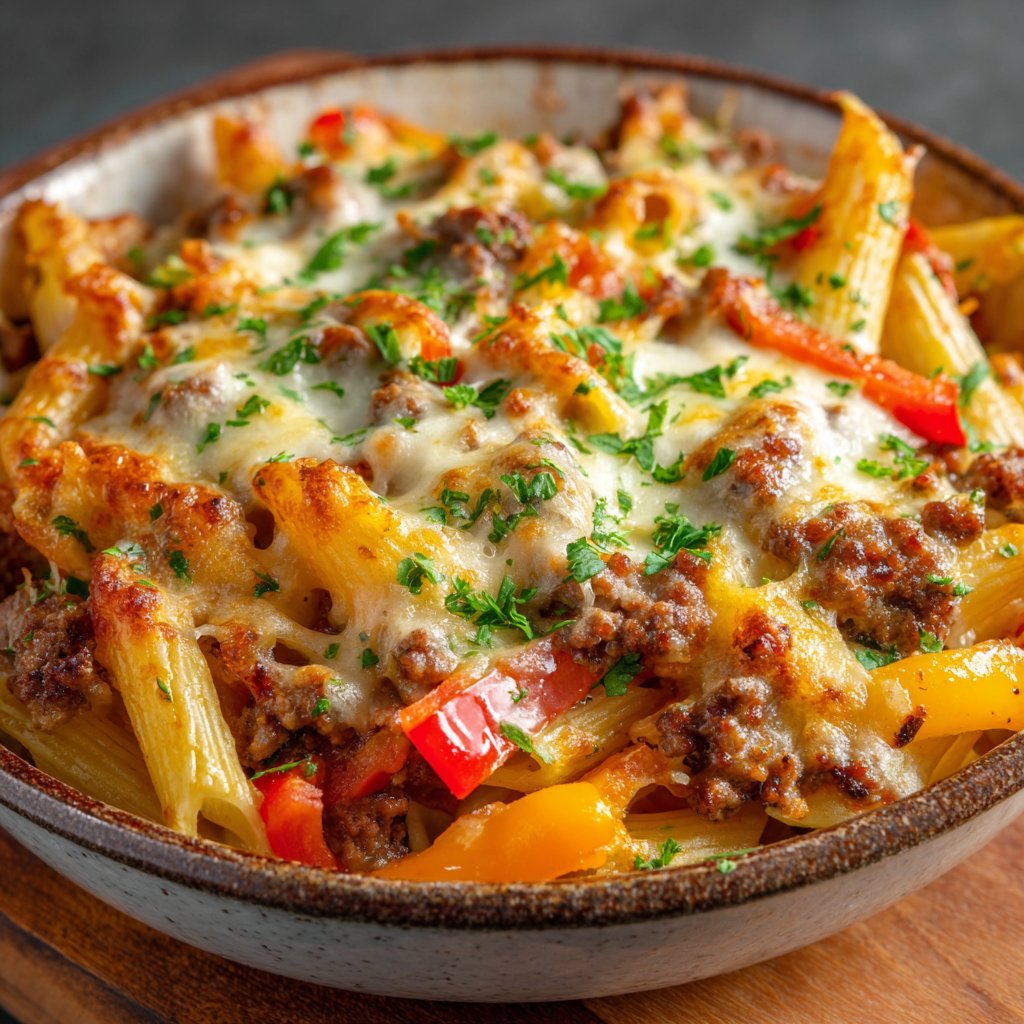 A golden, bubbly pasta bake topped with melted cheese, vibrant red and yellow bell peppers, and succulent beef, served in a rustic dish.