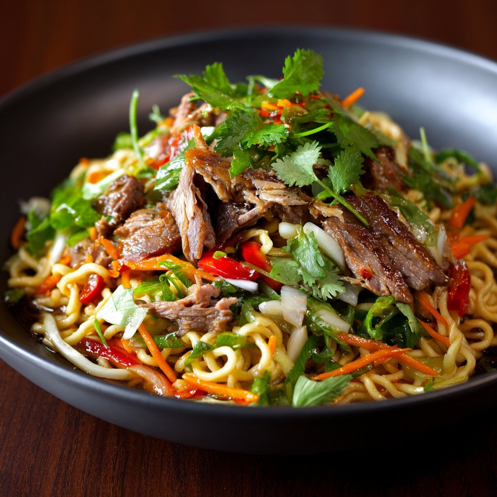 The dish features succulent, shredded lamb atop vibrant, chilled noodles, garnished with fresh herbs and colorful vegetables.