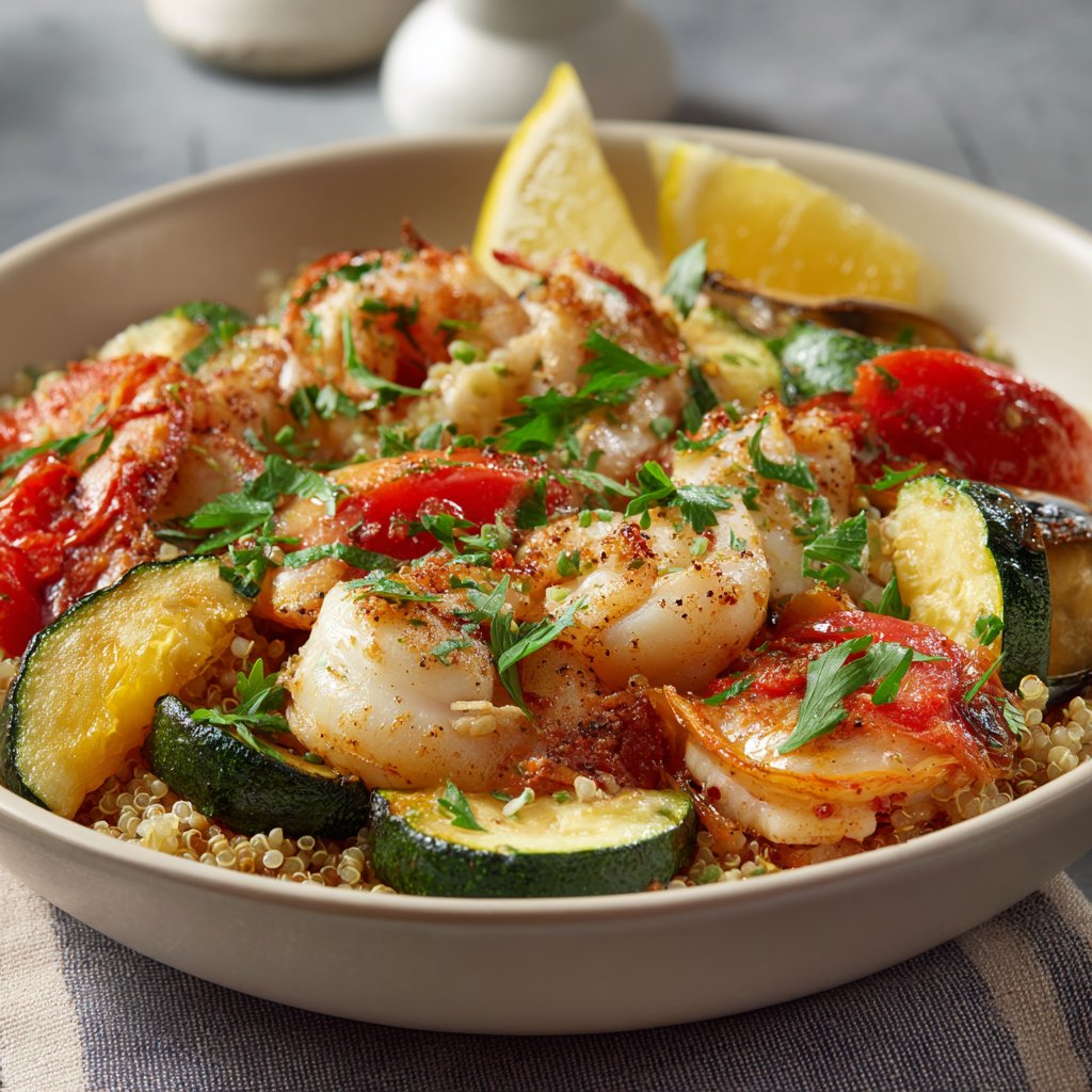 A vibrant dish featuring tender broiled shellfish atop a bed of fluffy quinoa, garnished with colorful summer vegetables and fresh herbs.