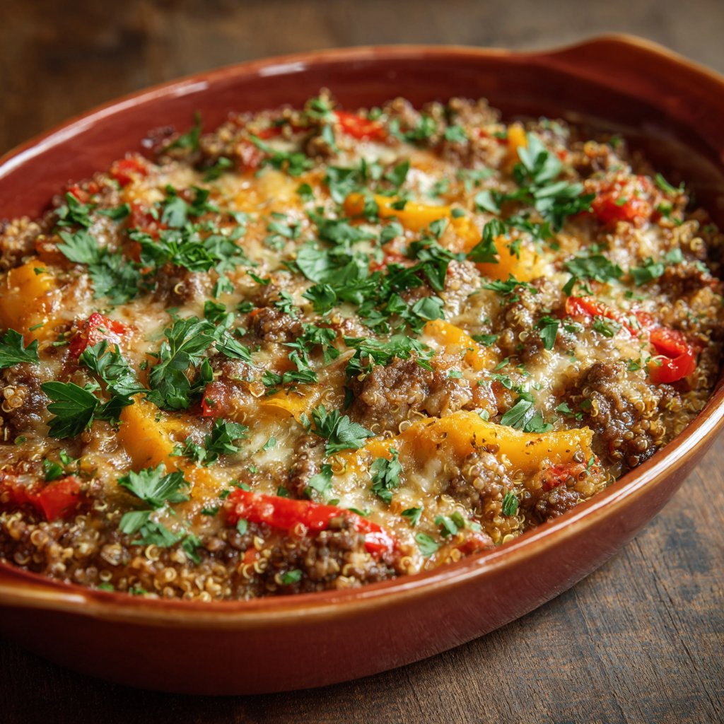 A golden-brown, bubbly casserole topped with a sprinkle of fresh parsley, showcasing vibrant colors from bell peppers and herbs against the backdrop of fluffy quinoa.