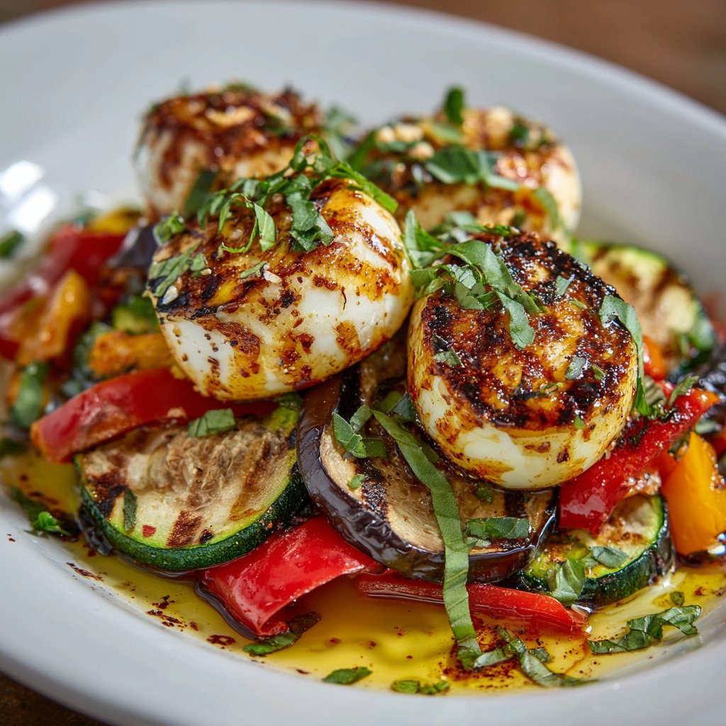 The dish features golden marinated eggs resting on colorful, charred vegetables, drizzled with fresh herbs and olive oil.